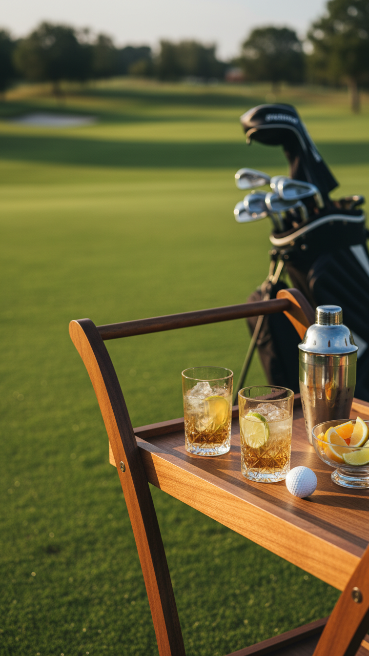 Modern Bar Cart With Cocktail Glasses And Golf Bag On Manicured Lawn For Sophisticated 19Th Hole Celebration Setup