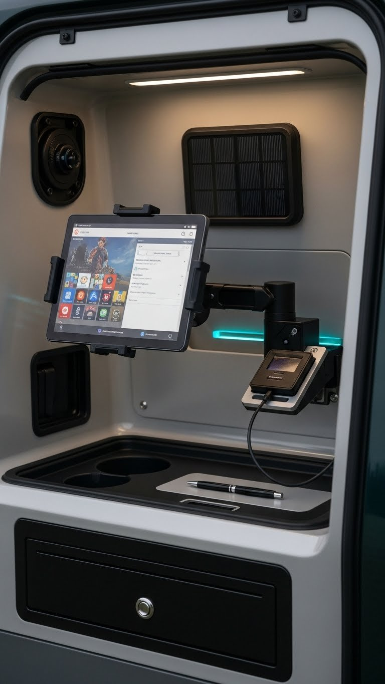 Modern Golf Cart Accessory Panel With Tablet Pos System, Solar Charging Panel, And Led Lighting Strips