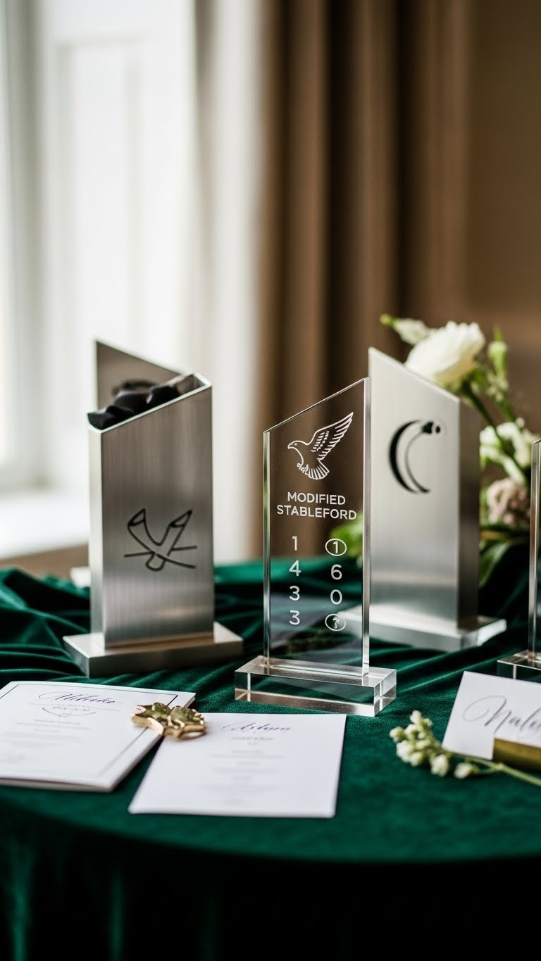 Modern Minimalist Modified Stableford Golf Awards With Brushed Metal Trophies On Velvet Cloth Display