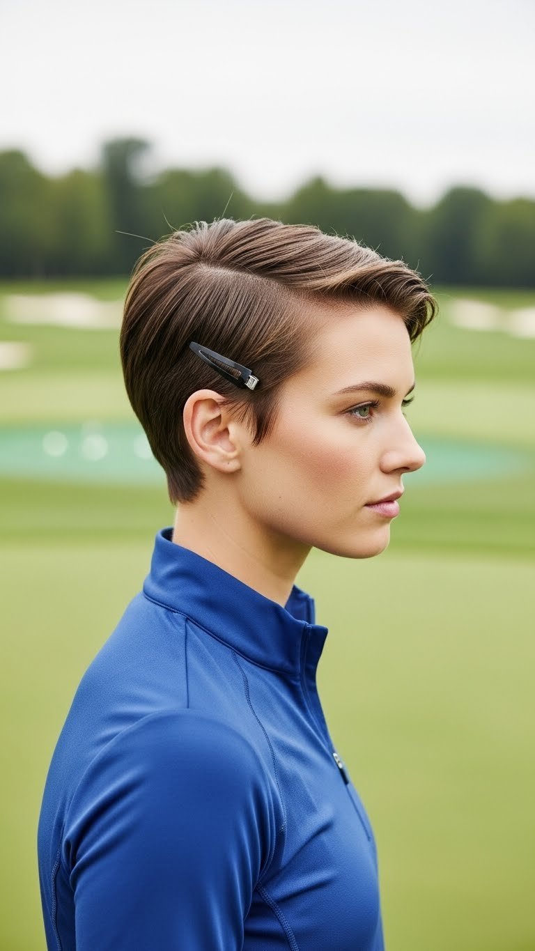 Modern Pixie Haircut With Sporty Clipped Sides Creating Clean Silhouette On Golf Course