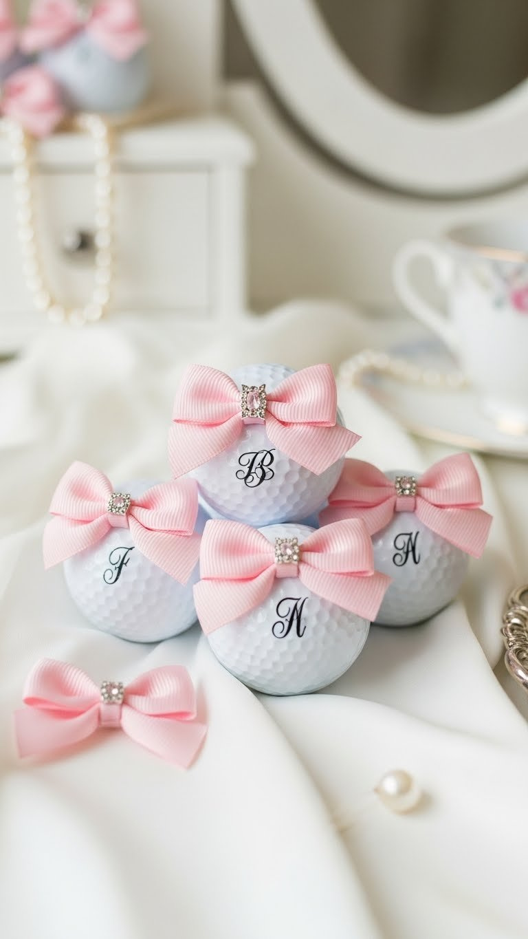 Monogrammed Coquette Pink Ribbon Bows On White Golf Balls Arranged Elegantly On Silk Cloth