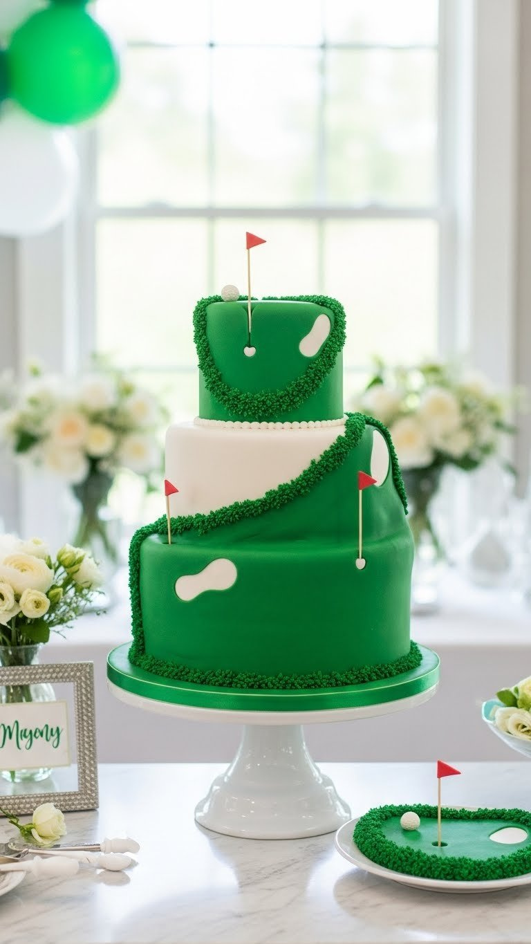 Multi-Tiered Golf Course-Themed Cake With Green Fondant Fairways And Edible Golf Balls