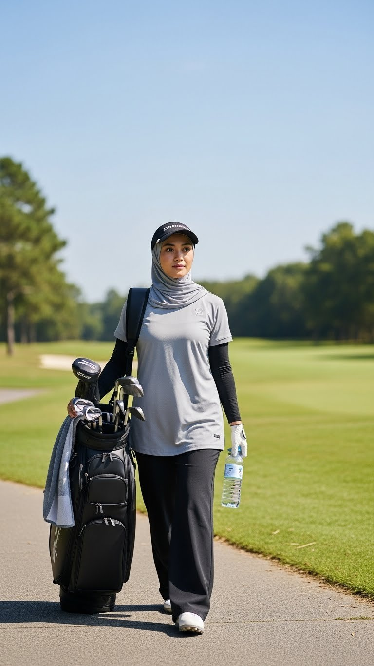 Muslim Woman Casually Strolling Golf Course Carrying Clubs In Grey Sporty Top And Wide-Leg Black Trousers With Matching Hijab