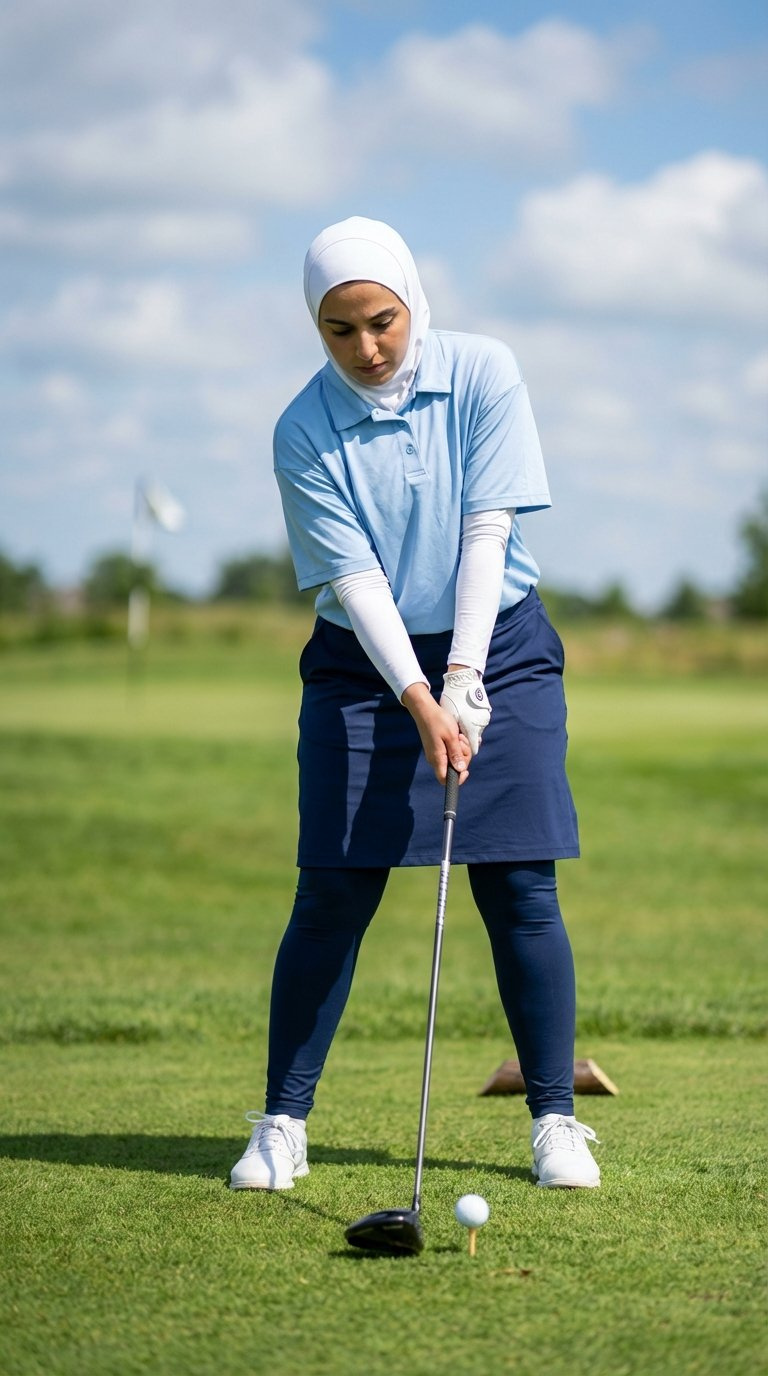 Muslim Woman Golfer Addressing Ball Wearing Navy Modest Skort Over Leggings With Light Blue Collared Shirt And White Hijab
