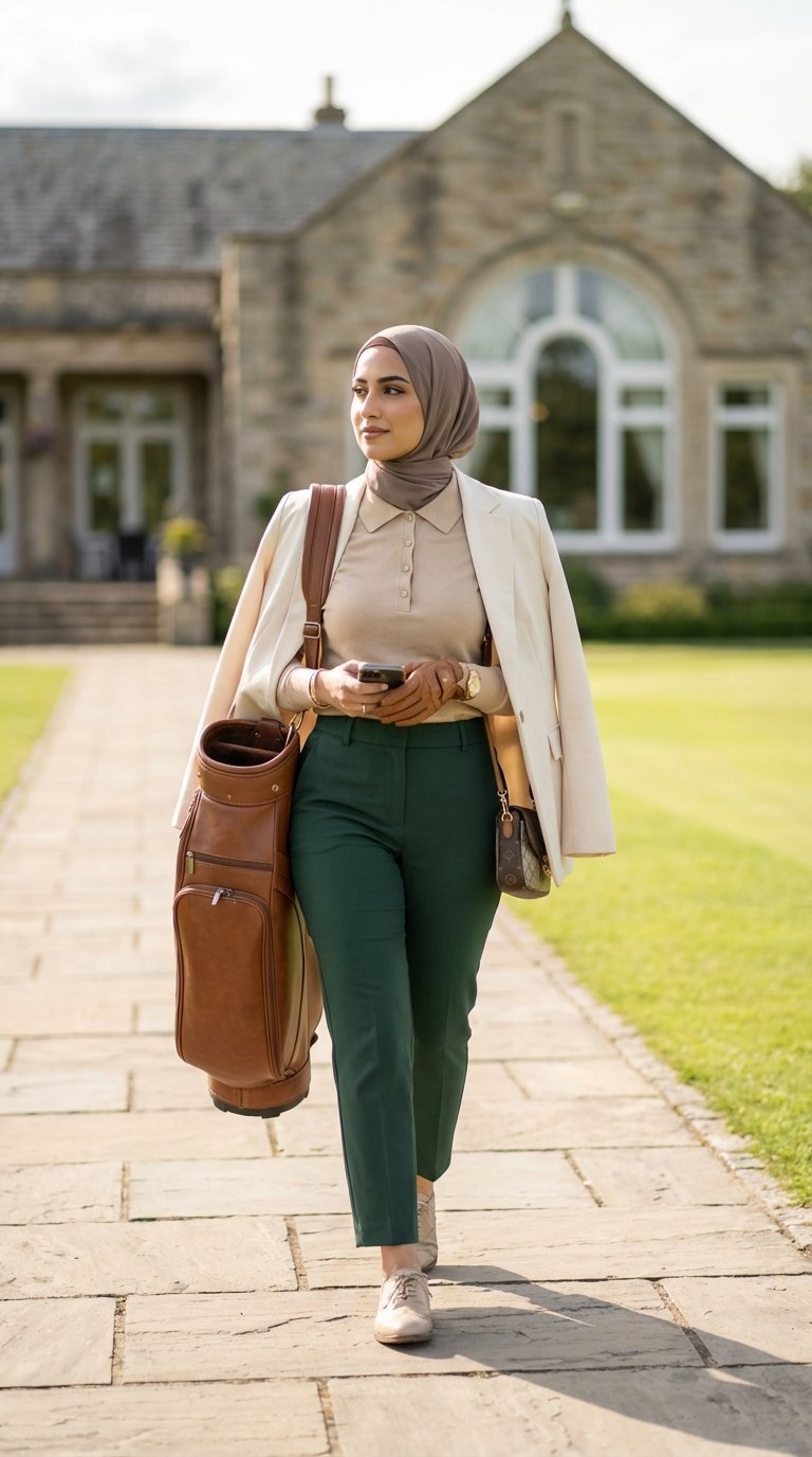 Muslim Woman Golfer In Chic Clubhouse-Ready Golf Attire Walking Toward Elegant Clubhouse Entrance With Refined Sports Hijab