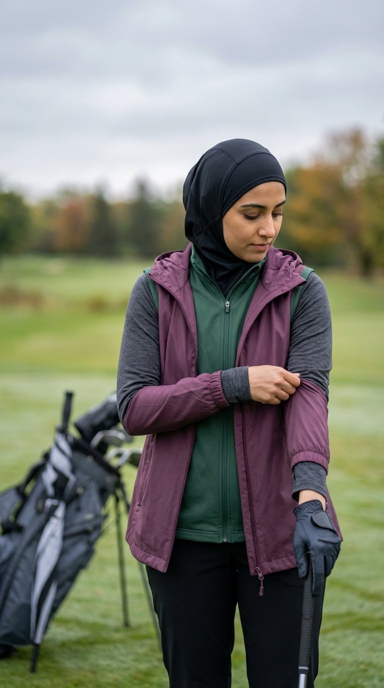 Muslim Woman Golfer In Layered Weatherproof Golf Attire Adjusting Sleeve On Overcast Fairway With Performance Sports Hijab