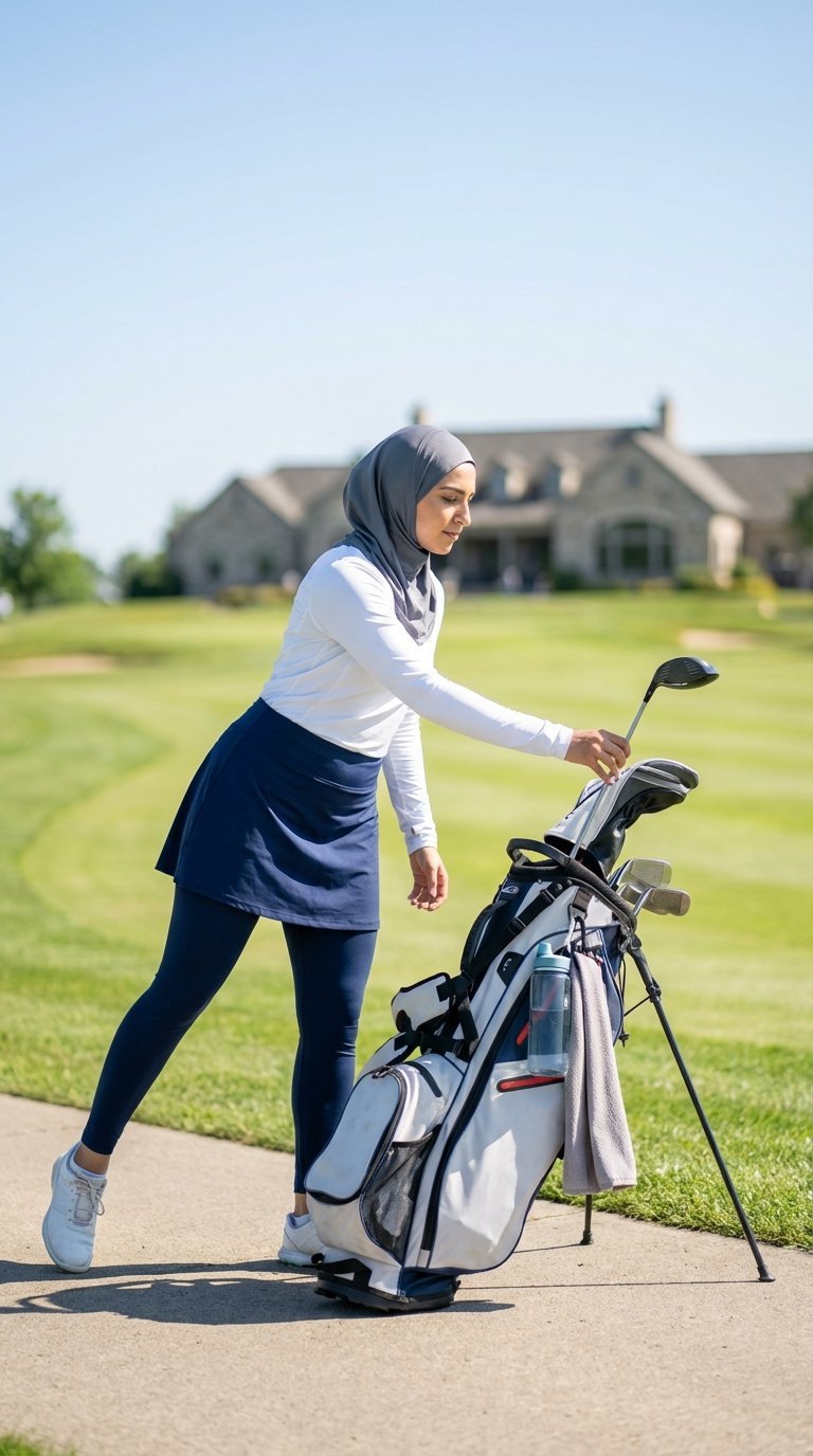 Muslim Woman Golfer Wearing Golf Skapri And Performance Hijab Reaching For Club On Manicured Golf Pathway With Soft Bokeh Background
