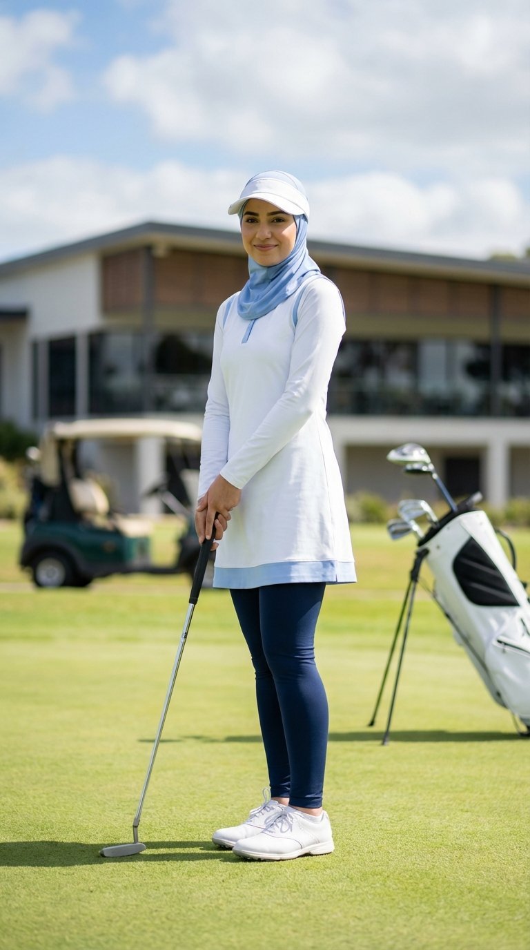 Muslim Woman Golfer Wearing Stylish Modest Golf Dress Over Leggings With Coordinating Sports Hijab On Manicured Putting Green