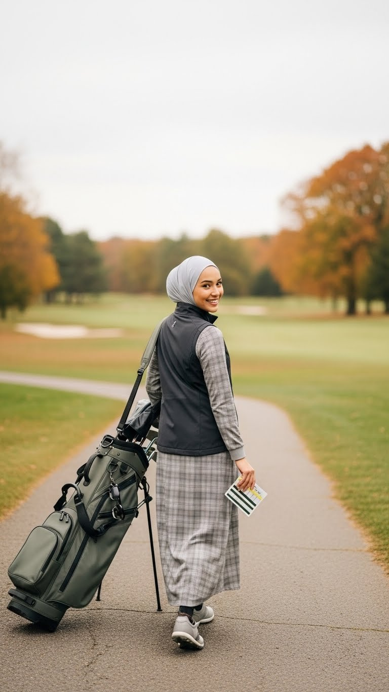 Muslim Woman Walking Away From Green Smiling In Plaid Long-Sleeve Golf Dress With Charcoal Vest And Light Gray Hijab