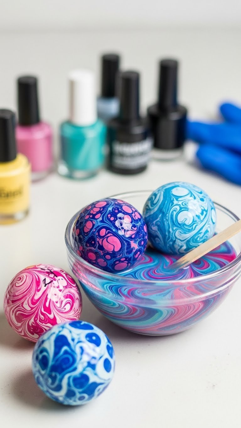 Nail Polish Marbled Golf Balls With Swirling Patterns In Jewel Tones Partially Submerged In Glass Bowl