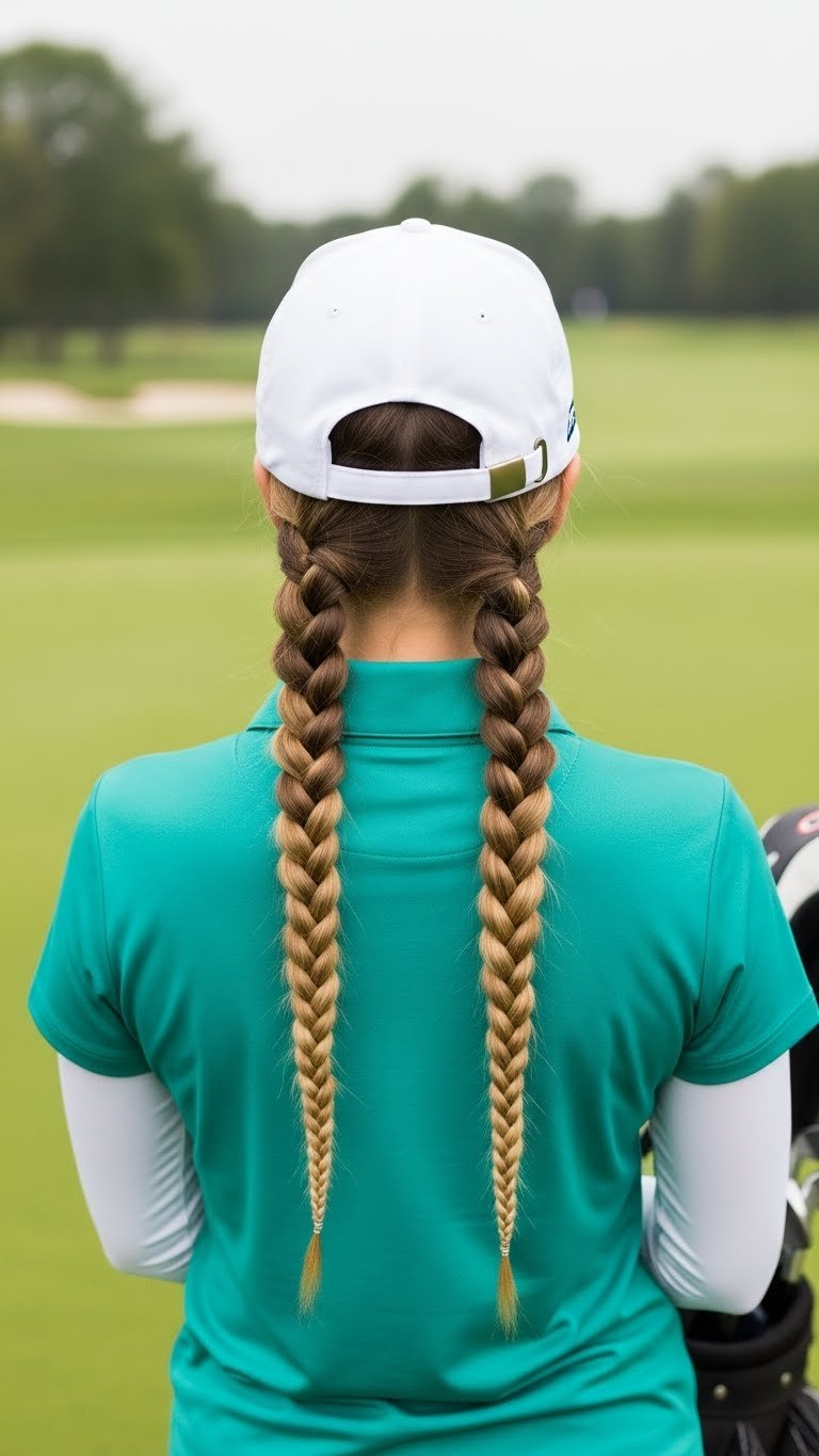 Neat Double Bubble Braids Tucked Under Golf Hat With Symmetrical Composition Against Lush Green Golf Course Backdrop