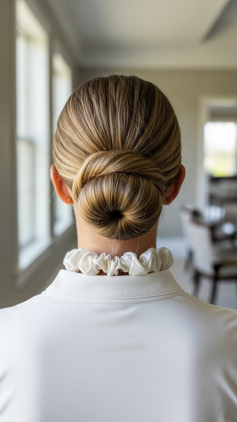 Golf Hairstyles Women: 9 Easy Pro-Approved Looks Neat Low Bun Hairstyle For Female Golfers With Silk Scrunchie Against Neutral Clubhouse Background