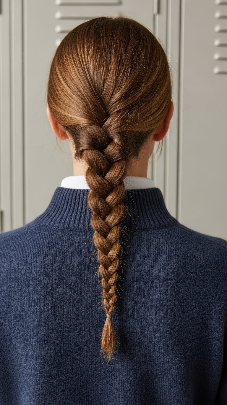 Neat Single Braid Discreetly Tucked Into Back Of Merino Wool Golf Sweater With High Collar Against Neutral Wall.