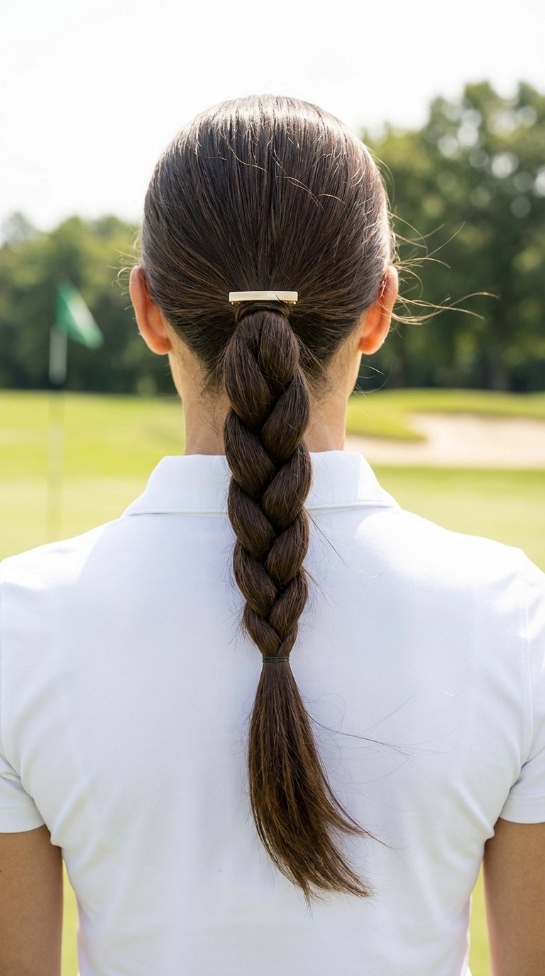 Neatly Braided Low Ponytail With Subtle Hair Clip On Golf Course Showcasing Secure Hairstyle For Active Sports
