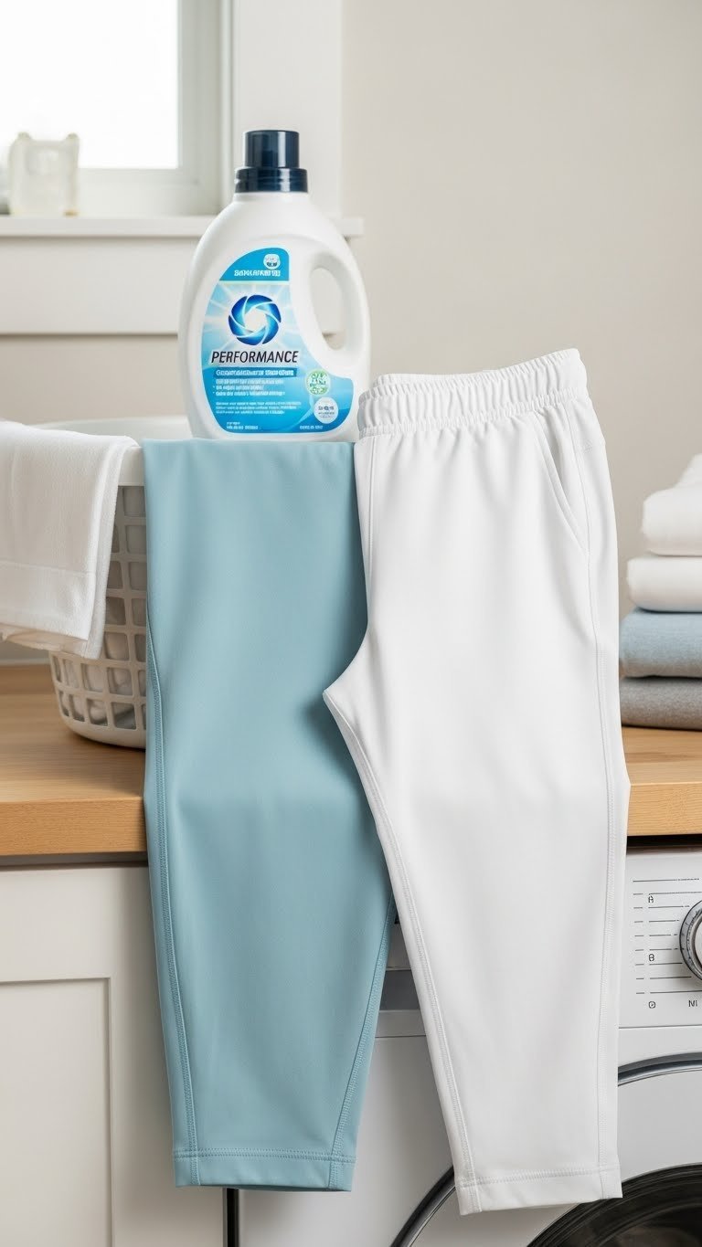 Neatly Folded Women'S Golf Joggers On Laundry Basket With Performance Detergent Emphasizing Proper Wash Care