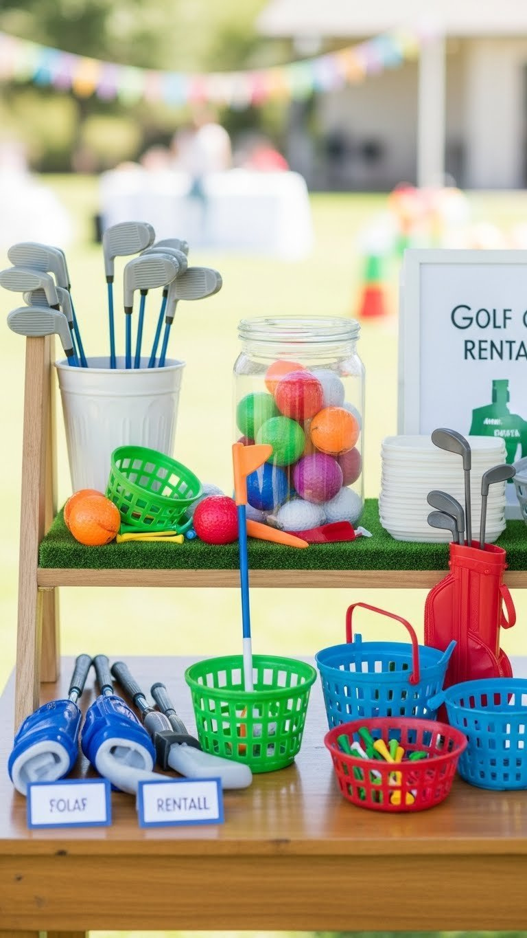 Neatly Organized Golf Equipment Rental Station Display With Colorful Miniature Clubs And Balls Arranged On Wooden Table