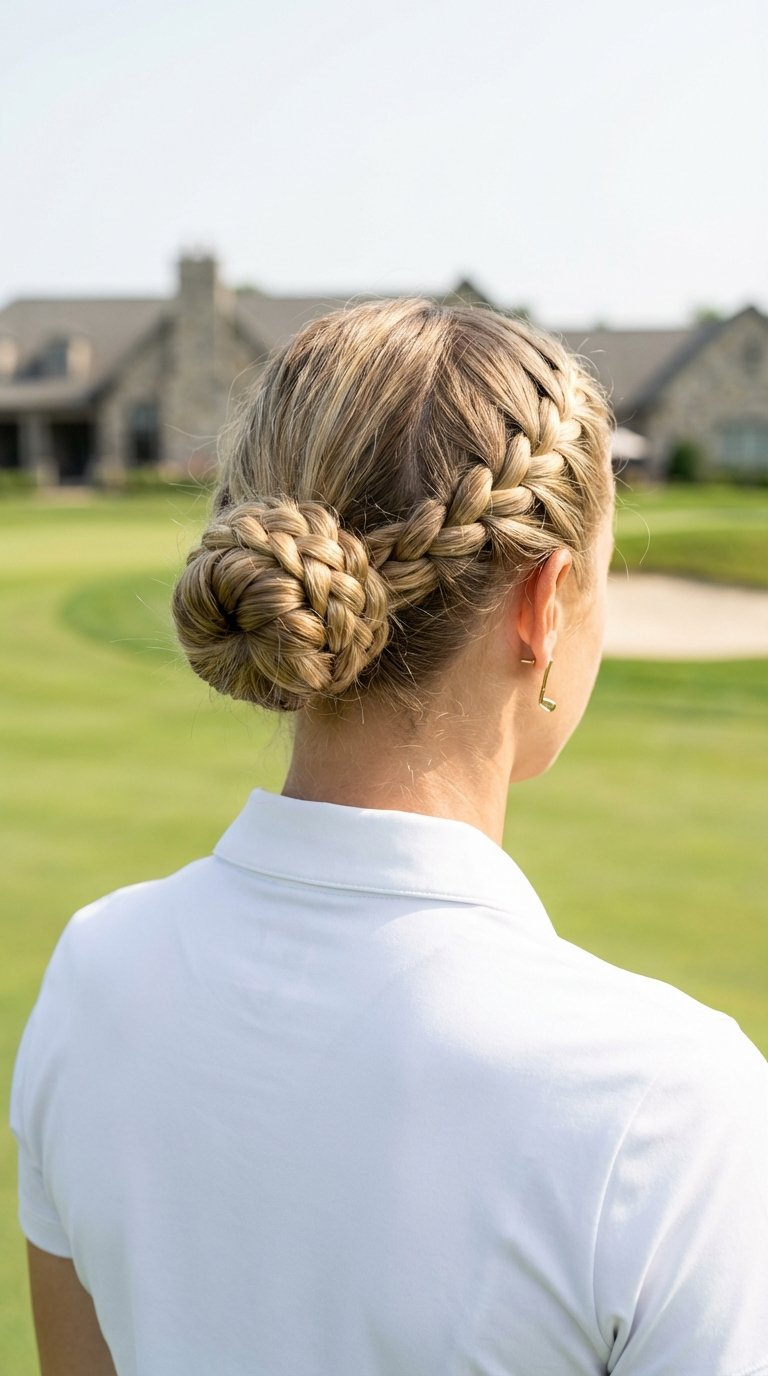 Nelly Korda Inspired Double Braided Bun Hairstyle On Female Athlete With Clean Parts And Secure Formation For Golf
