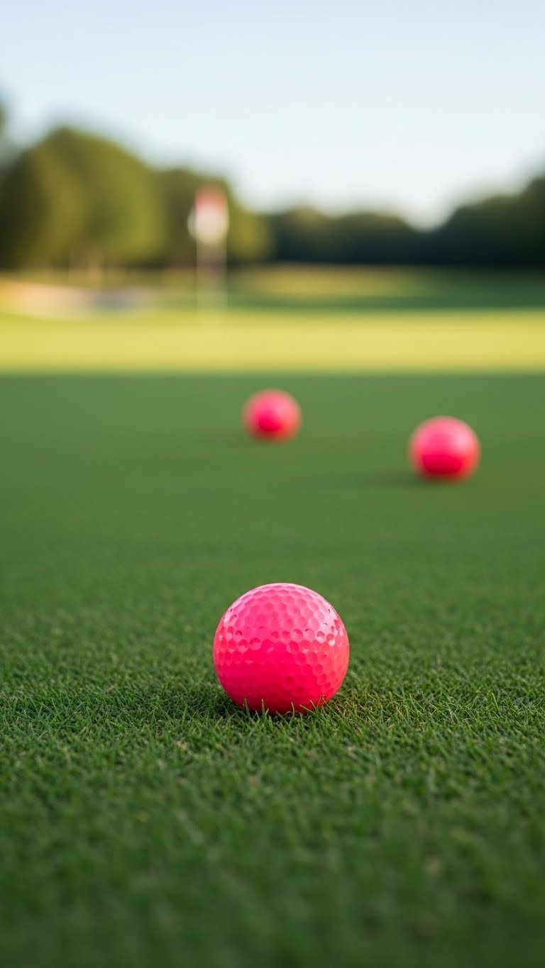 Neon Pink Golf Ball In Sharp Focus Against Blurred Green Grass On A Sunny Golf Course Fairway