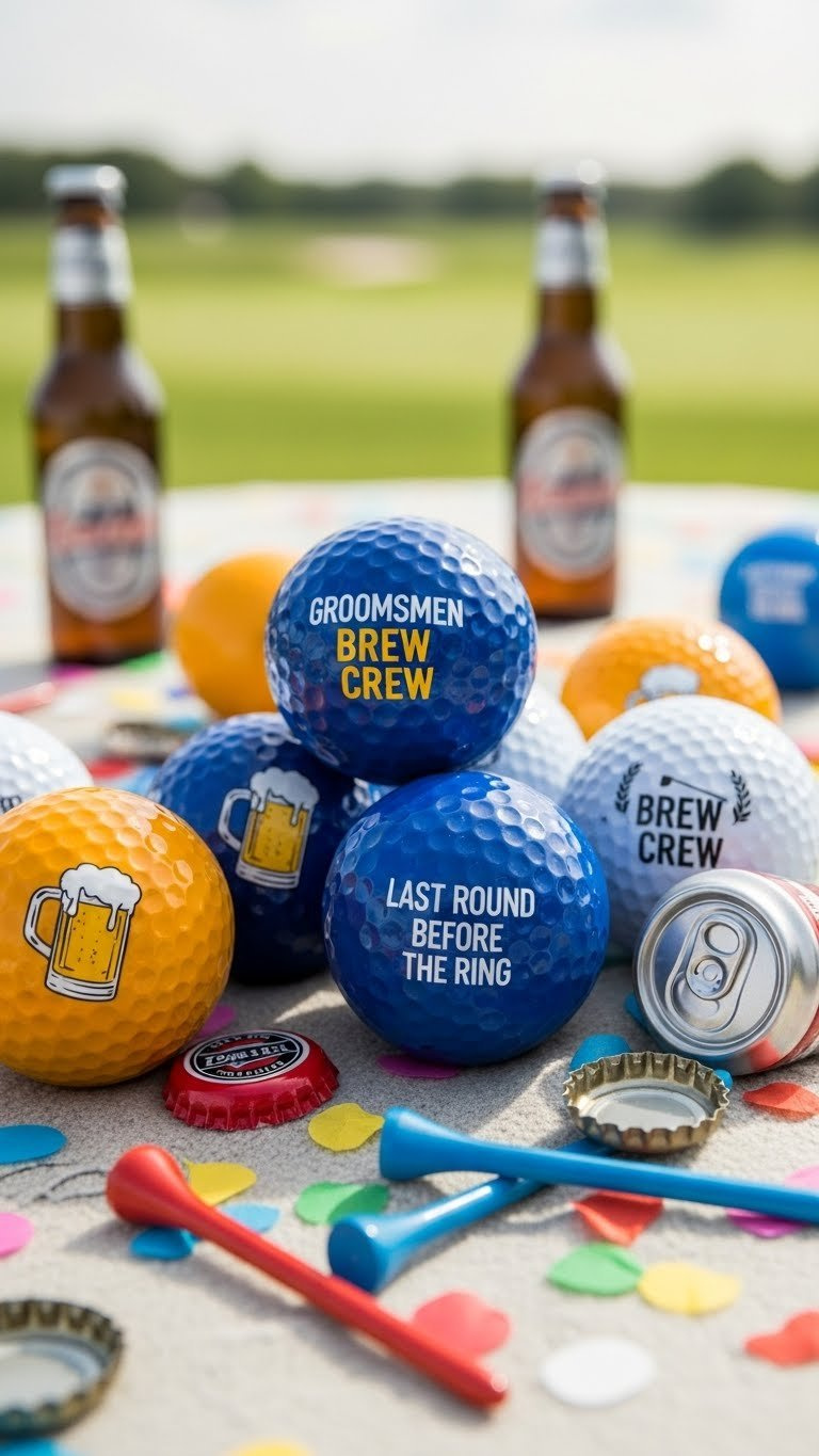 Novelty Bachelor Party Beer Golf Balls Scattered On Party Tablecloth With Vibrant Colors And Celebratory Props