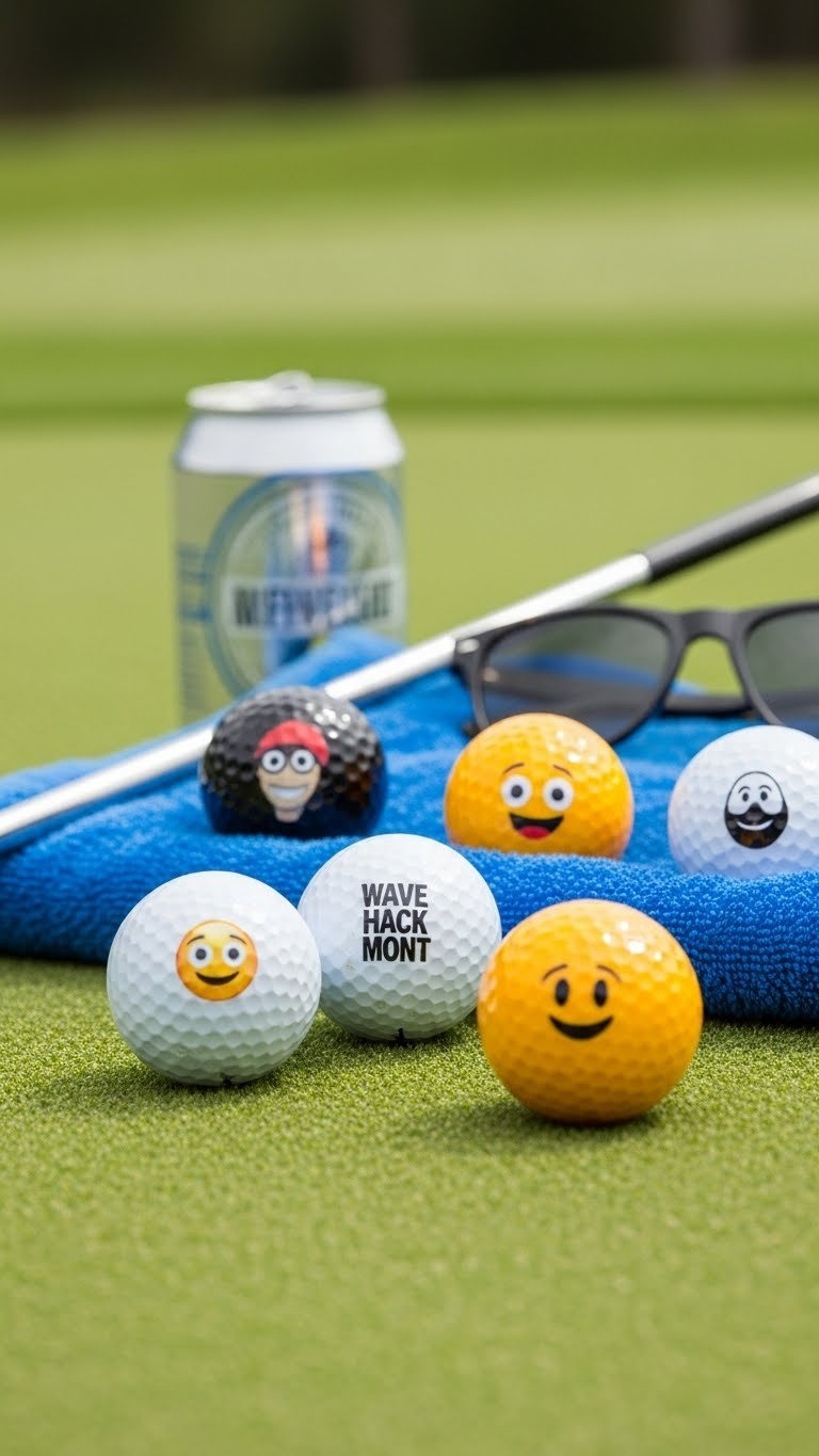 Novelty Golf Balls With Humorous Cartoon Designs Scattered On Vibrant Golf Green With Casual Accessories