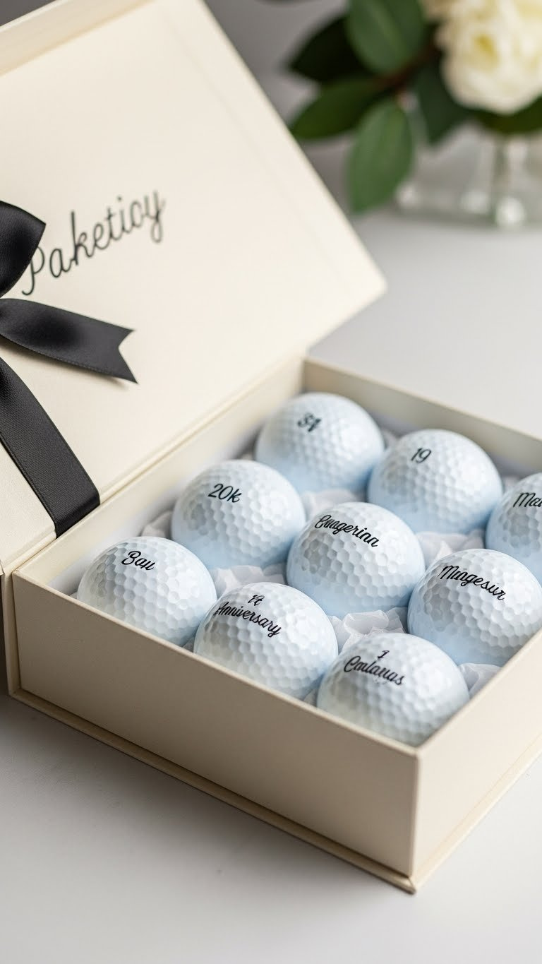 Open Elegant Gift Box Revealing Six Personalized Anniversary Golf Balls With Tasteful Engravings And Soft Lighting.