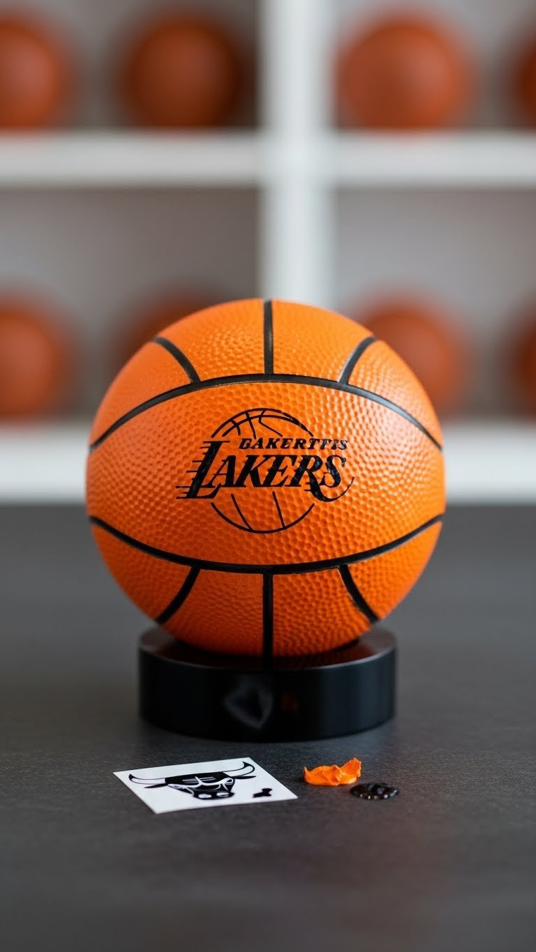 Orange Golf Ball Featuring Vintage Nba Team Logo Stencil On Black Acrylic Stand With Sports Memorabilia Background
