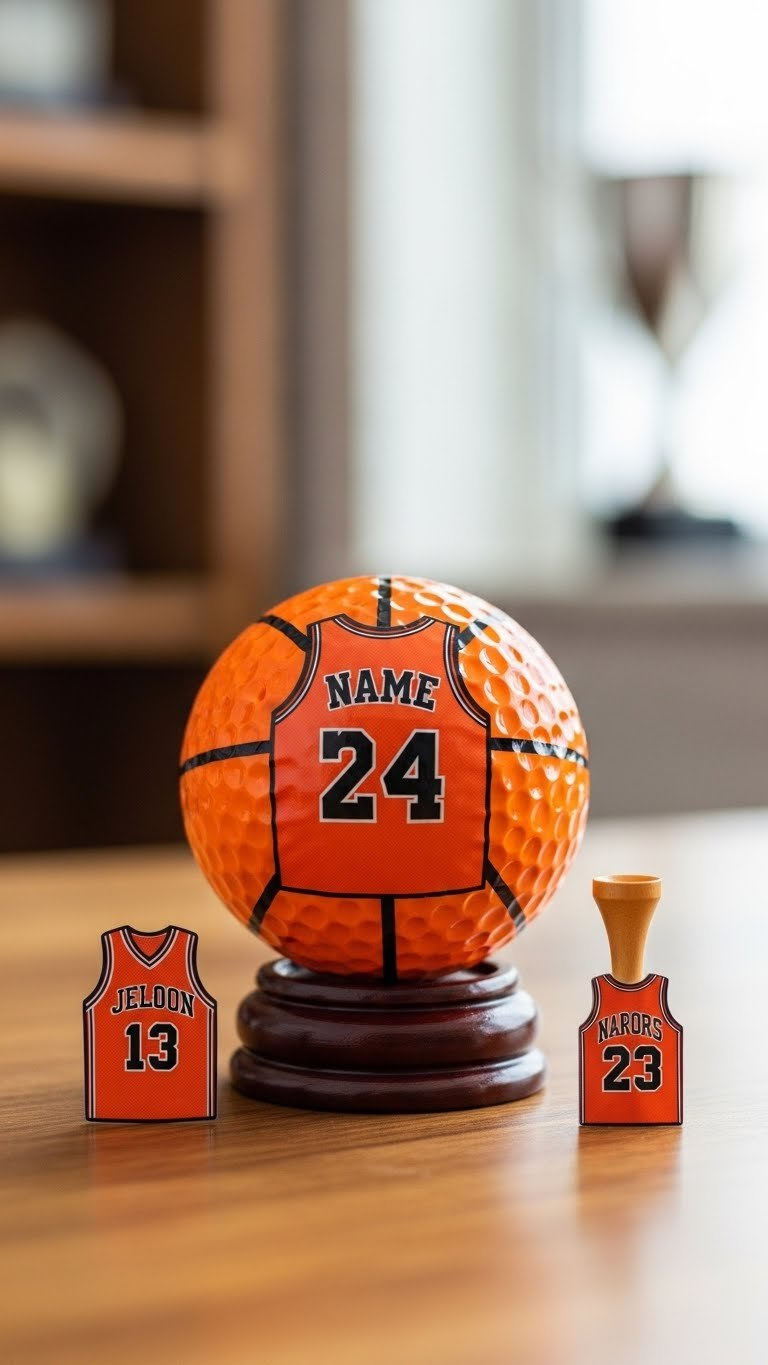 Orange Golf Ball Personalized With Black Name And Jersey Number On Dark Wooden Display Base With Trophy Case