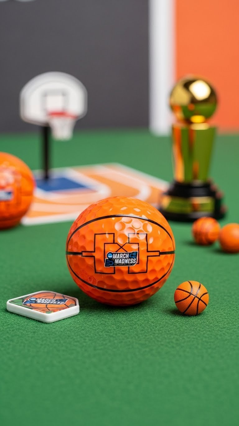 Orange Golf Ball With March Madness Bracket Design On Green Felt Surface With Basketball Court Background