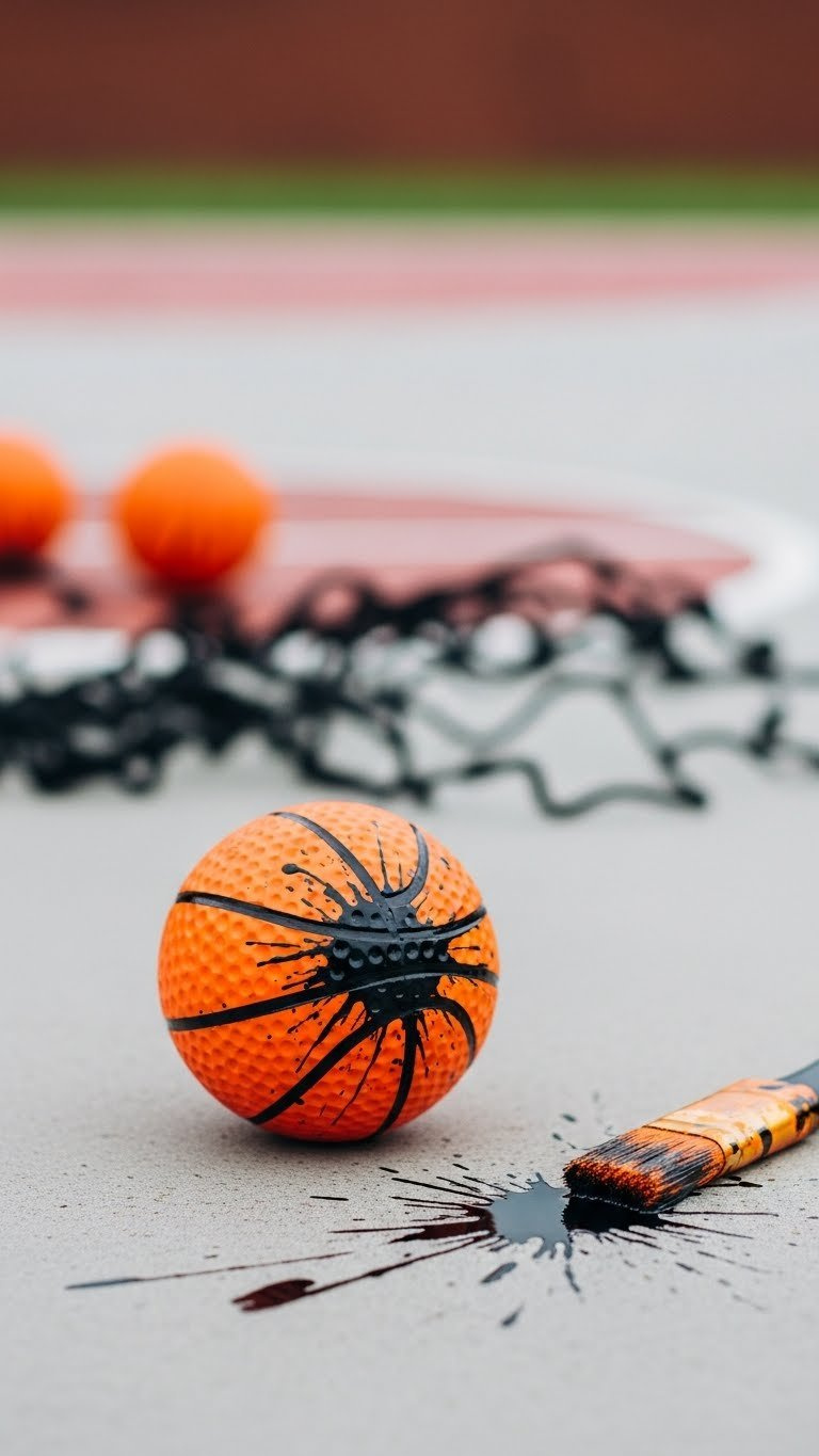 Orange Golf Ball With Dynamic Black Splatter Paint Design On Concrete Surface Mimicking Basketball Net Motion