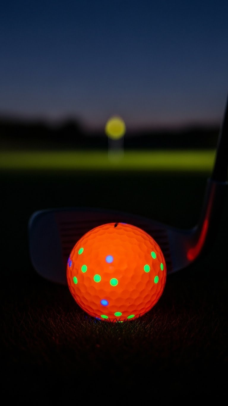 Orange Golf Ball With Glowing Accents Illuminated In Dimly Lit Environment On Dark Velvety Surface