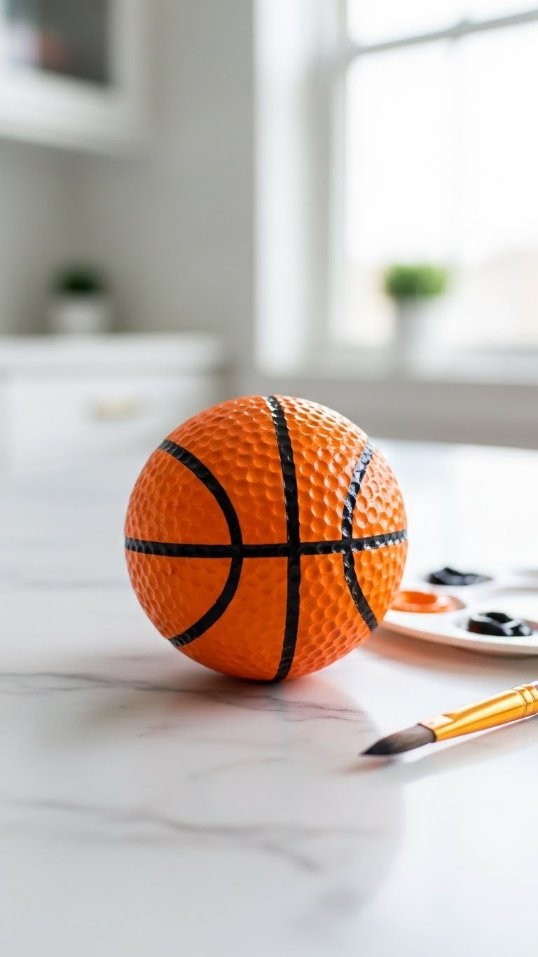 Orange Golf Ball With Hand-Painted Black Basketball Seam Lines On White Marble Countertop With Paintbrush And Palette
