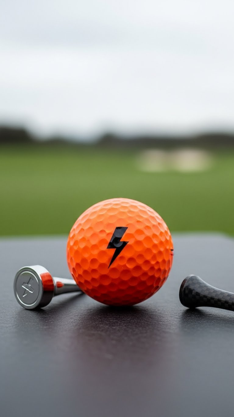 Orange Golf Ball With Sophisticated Matte Finish And Glossy Black Decal On Smooth Dark Gray Stone