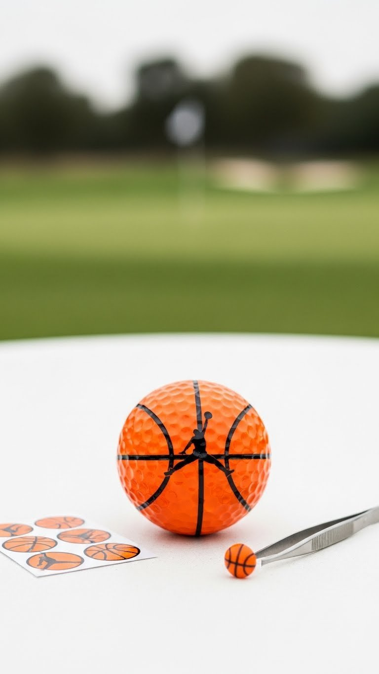 Orange Golf Ball With Vinyl Decal Basketball Player Silhouette On Golf Course Green With Vinyl Sheet
