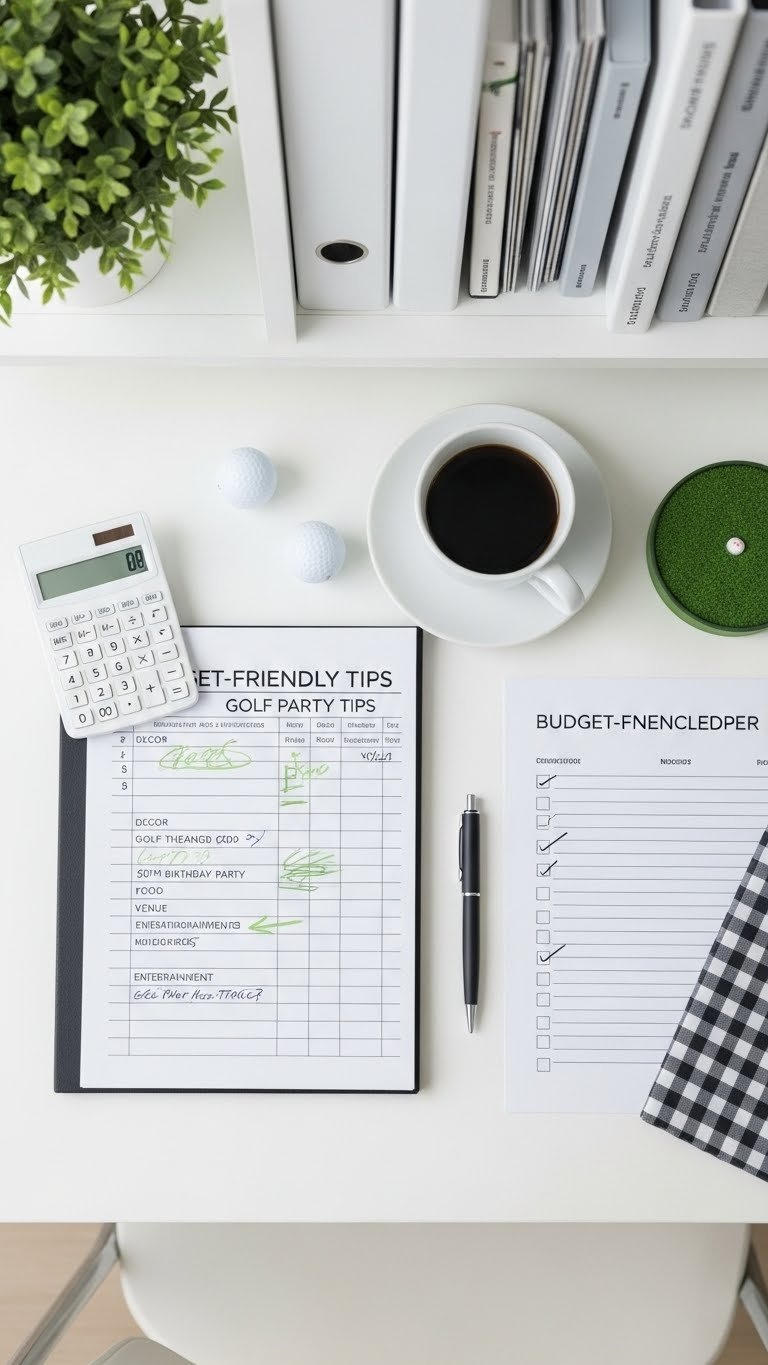 Organized Budget Planning Ledger For Golf Party With Calculator And Golf Balls On Minimalist Desk