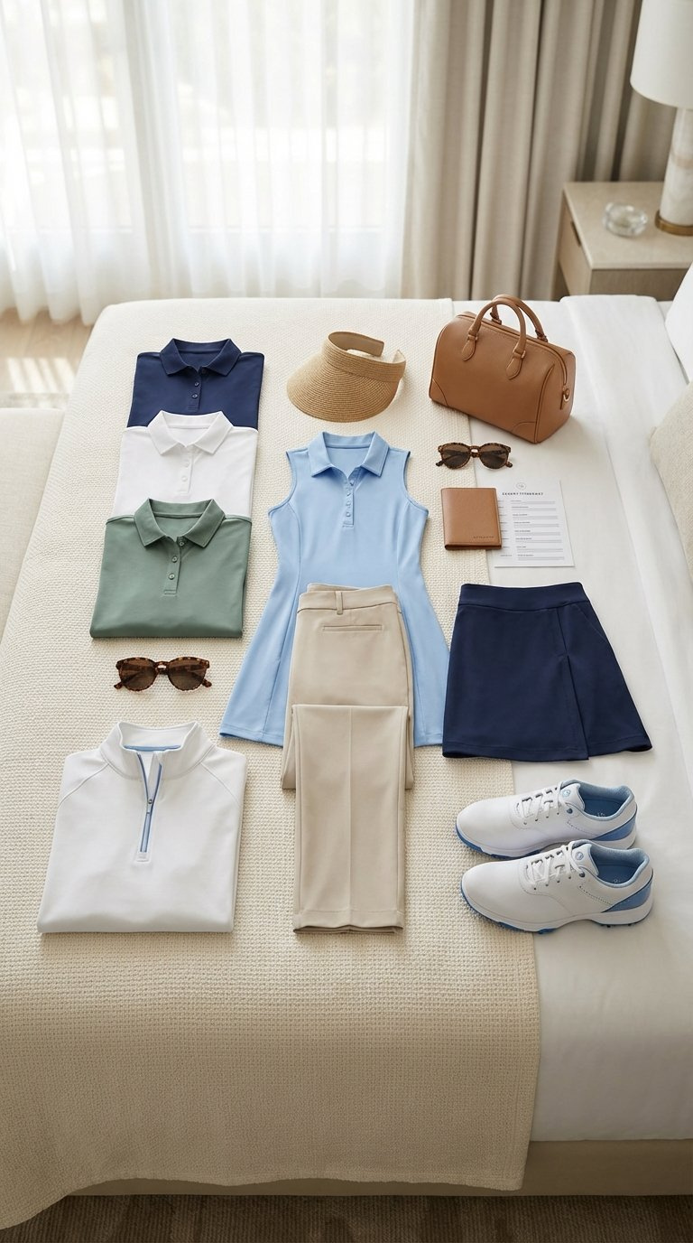 Organized Women'S Golf Capsule Wardrobe Flat Lay With Polo Shirts, Golf Dress, Pants, Skort, And Accessories In Coordinated Colors