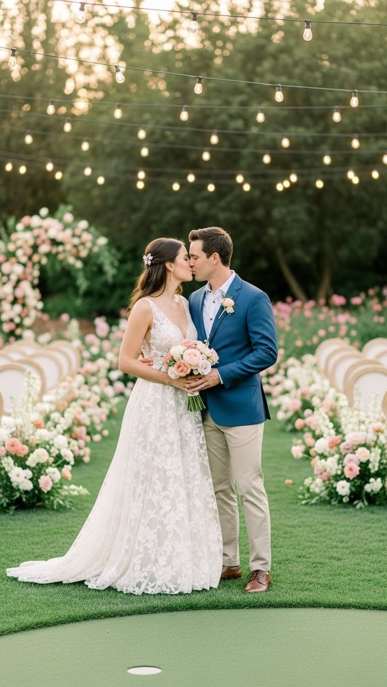 Outdoor Garden Party Golf Engagement Celebration With Fairy Lights, Floral Arrangements, And Miniature Putting Green In Warm Golden Hour Setting.