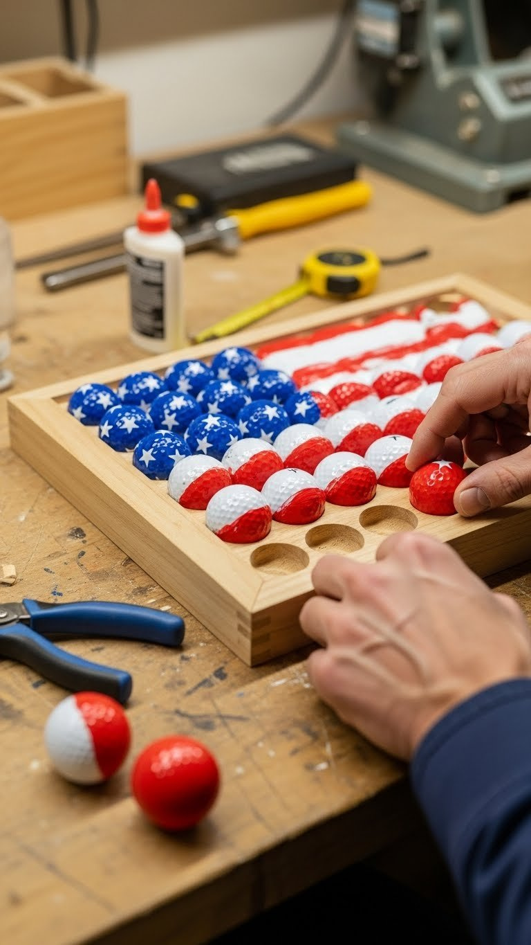 American Flag Golf Balls: Ultimate Buying &Amp; Diy Guide Partially Assembled American Flag Golf Ball Display With Craftsman'S Hands Positioning Ball Into Wooden Frame Grooves.