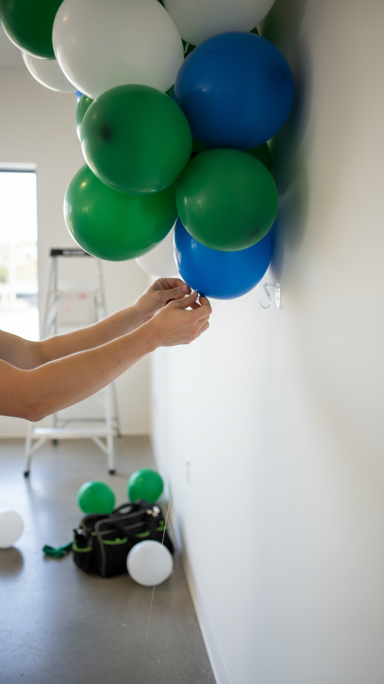 Partially Installed Golf Themed Balloon Arch Being Secured To Wall With Command Hooks And Fishing Line