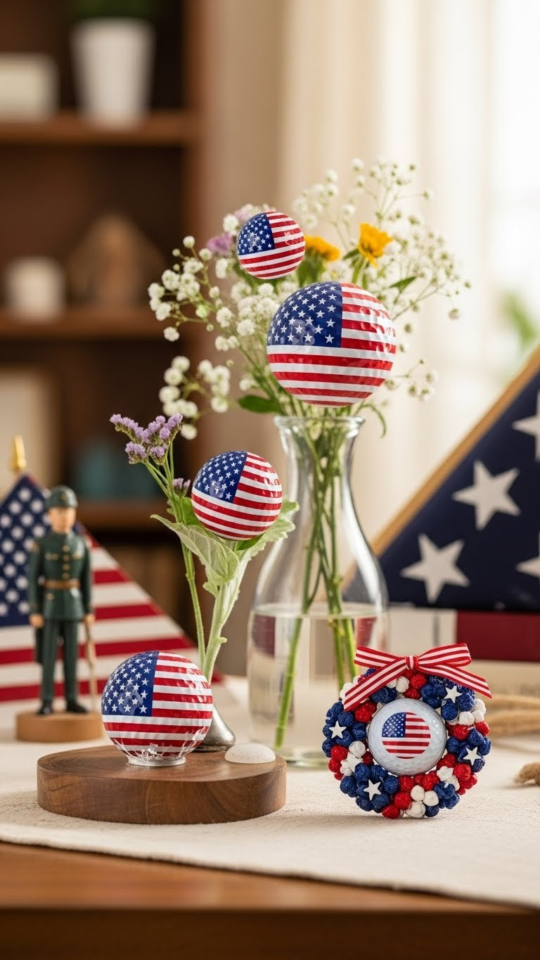 American Flag Golf Balls: Ultimate Buying &Amp; Diy Guide Patriotic Golf Ball Gifts Arranged As Paperweight, Vase Ornament, And Wreath Decoration In Home Decor Setting.