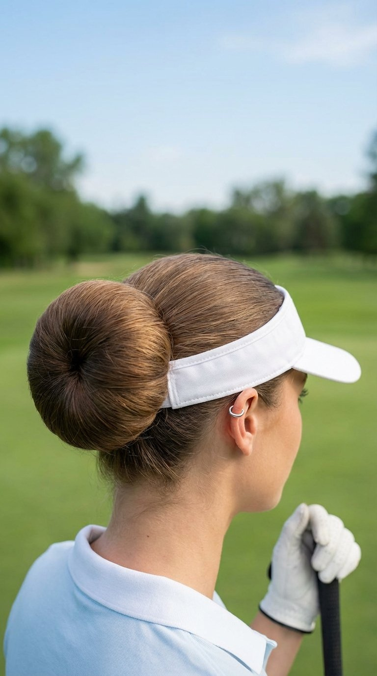 Perfectly Rounded Donut Bun Hairstyle On Female Golfer With Smooth Voluminous Appearance And White Golf Visor