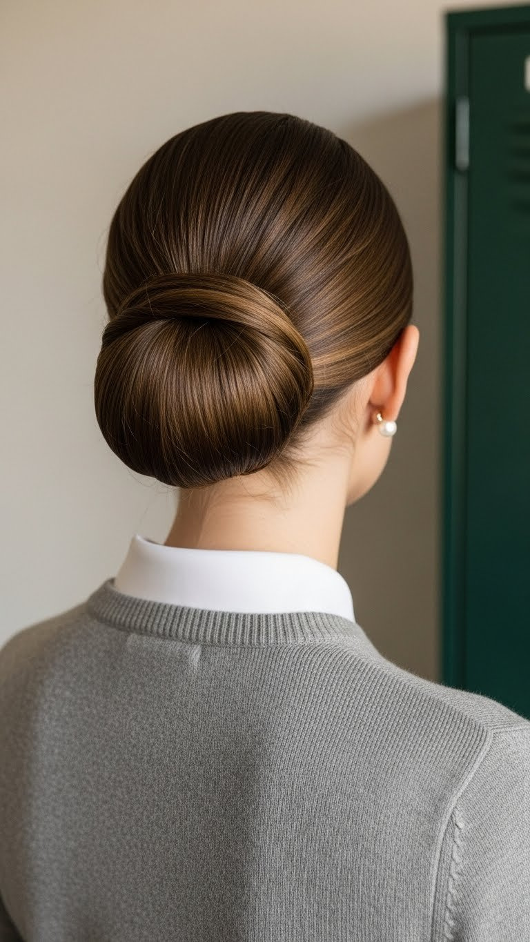 Perfectly Smooth Compact Low Bun Nestled At Base Of Neck Against Crewneck Golf Sweater With Elegant Pearl Earring Detail.