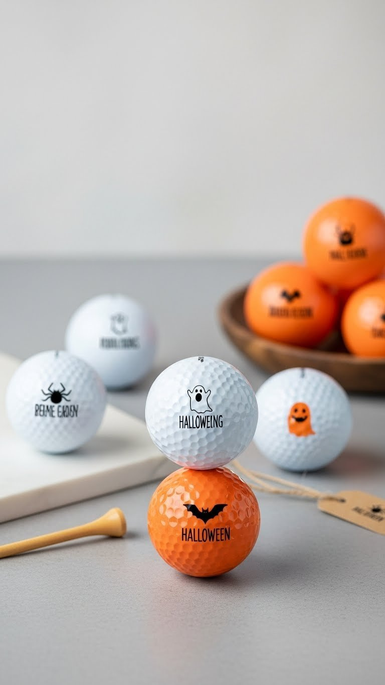 Personalized Halloween Golf Balls With Custom Spider And Bat Designs Arranged On Matte Gray Surface With Minimalist Styling.
