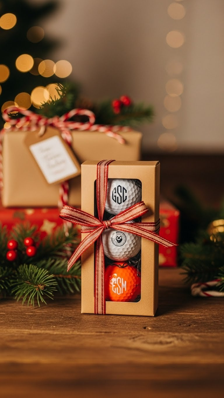 Personalized Decorated Golf Balls Gift Set In Elegant Box With Ribbon And Festive Holiday Wrapping On Rustic Table.