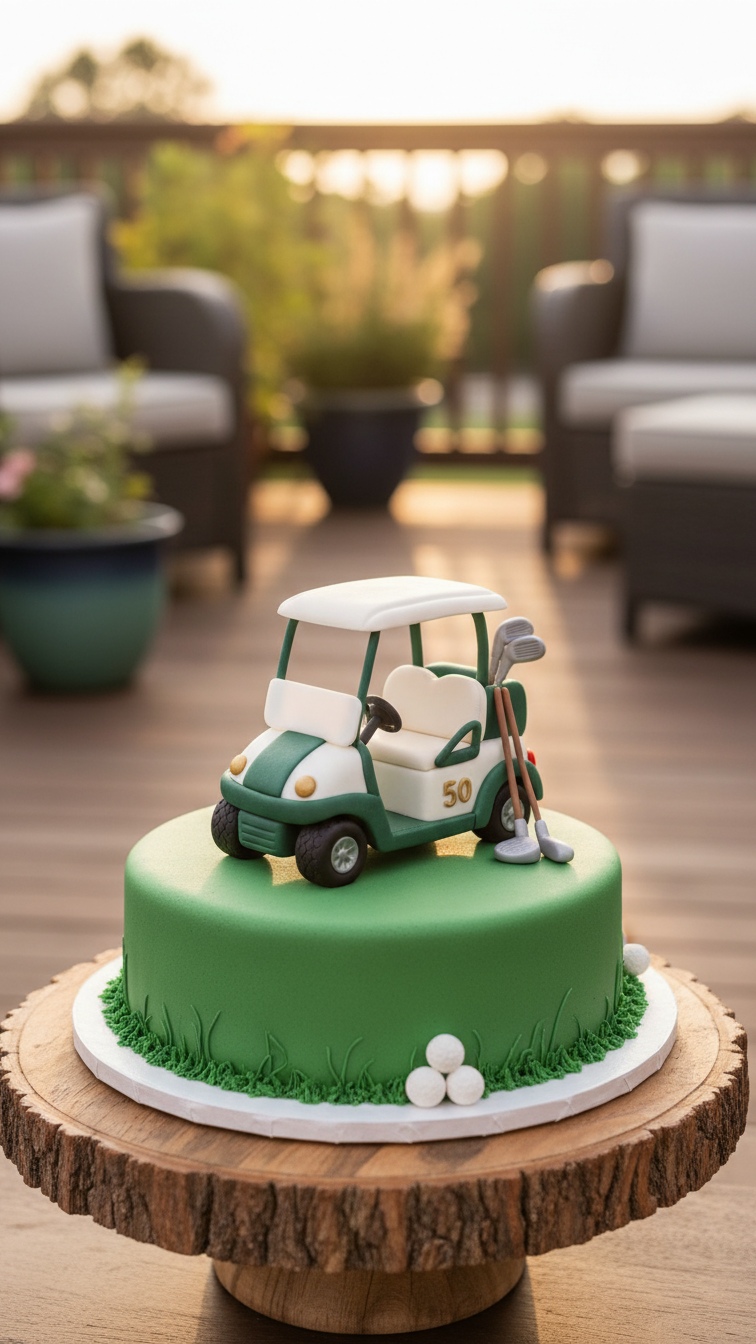 Personalized Fondant Golf Cart With Number 50 Sitting Atop Green Frosted Cake On Wooden Cake Stand