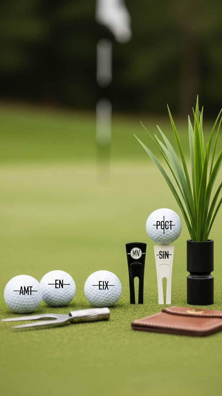 Personalized Golf Ball Markers With Alignment Lines And Initials On Vibrant Green Turf With Golf Accessories.