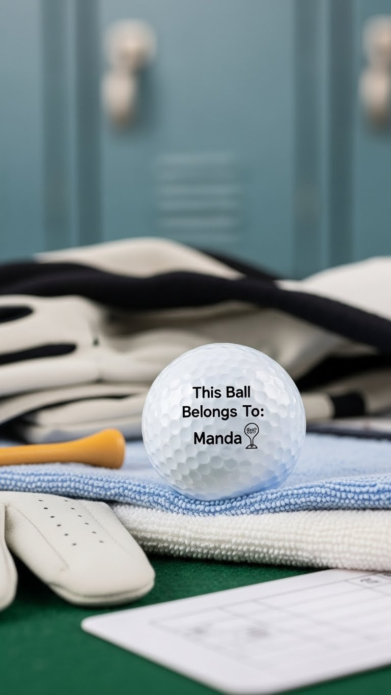 Personalized Golf Ball With 'This Ball Belongs To' Text Resting On Clean Golf Towel With Glove And Tee Accessories