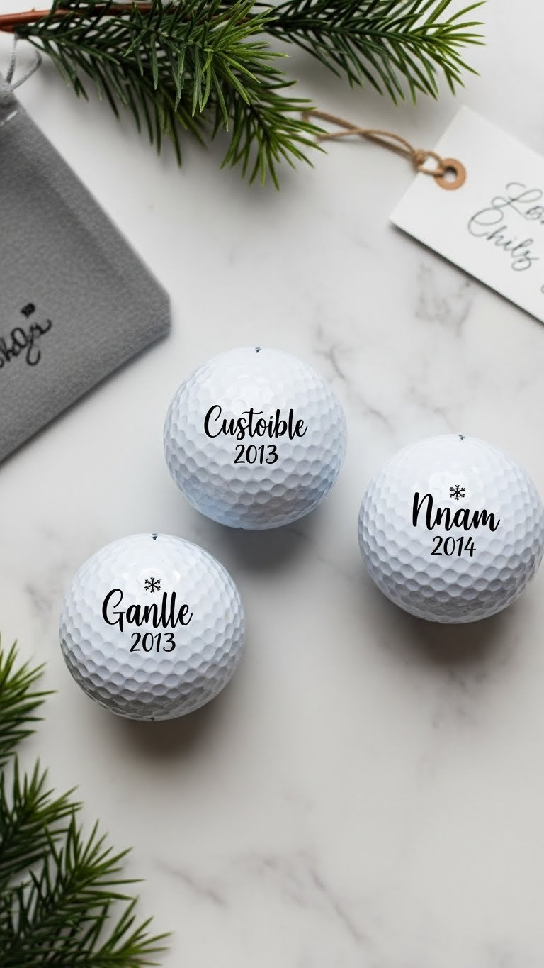Personalized Golf Balls With Custom Names And Dates Displayed On Marble Countertop In Minimalist Flat Lay