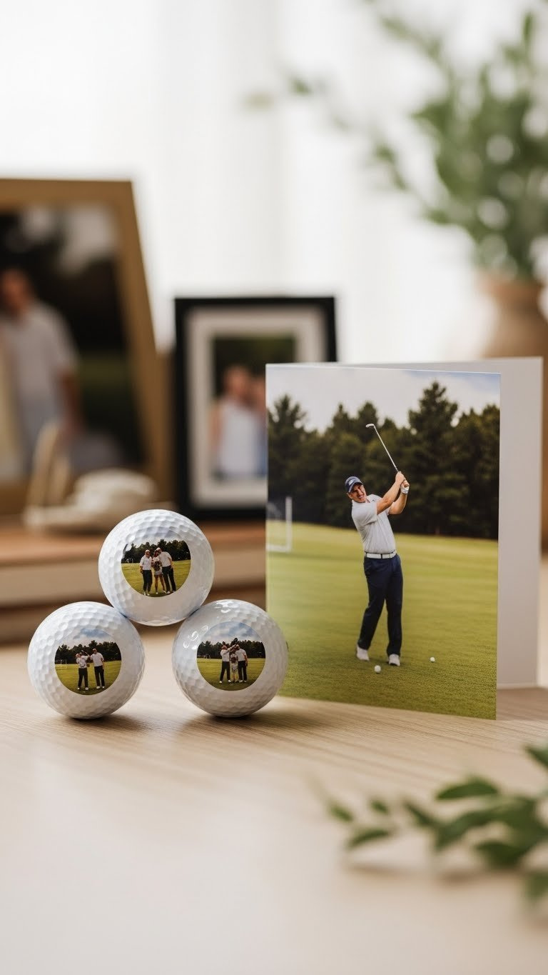 Personalized Golf Balls With Printed Photos Arranged On Light Wood Surface With Sentimental Trinkets And Photo Card
