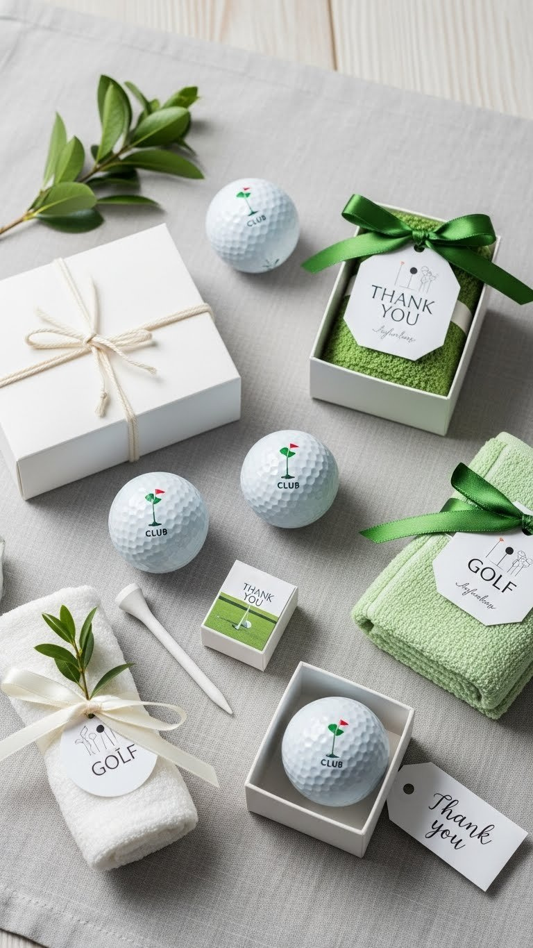 Personalized Golf Party Favors Including Custom Golf Balls, Tees And Towels Arranged On Neutral Linen Surface