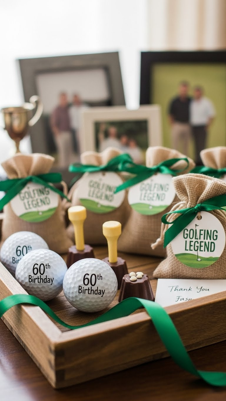 Personalized Golf-Themed Party Favors Including Customized Golf Balls And Treats Arranged On Rustic Wooden Tray